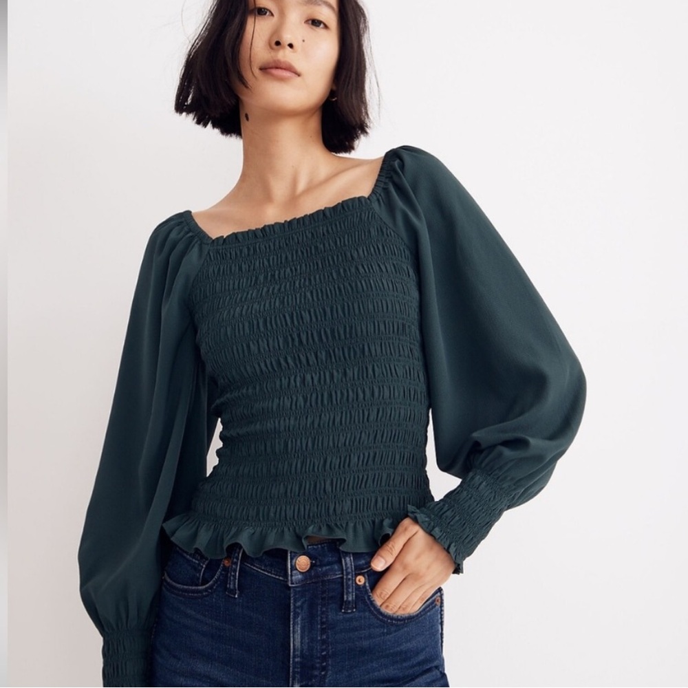 Madewell Green Puff Sleeve Blouse with Smocked Ruffles